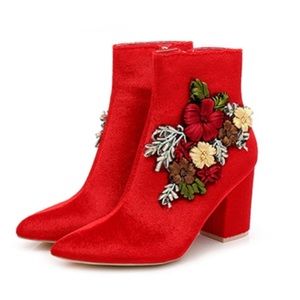 Red Velvet Ankle Appliqué Embroidered Booties